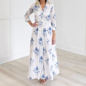 White Maxi Shirt Dress with Blue Floral Print